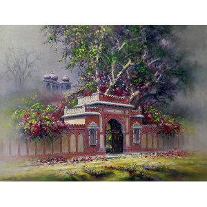 Hanif Shahzad, Mohatta Palace Gate I - Karachi, 21 x 28 Inch, Oil on Canvas, Landscape Painting, AC-HNS-121